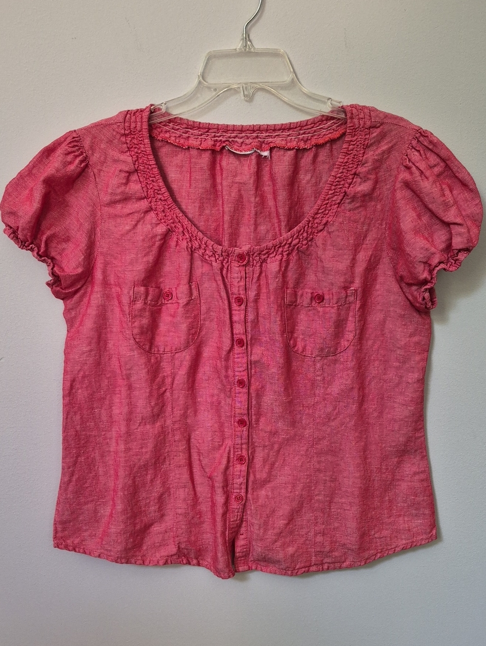 Red Chambray Puff Sleeve Button-Front Blouse Womens L Cottagecore Prairie Rodeo